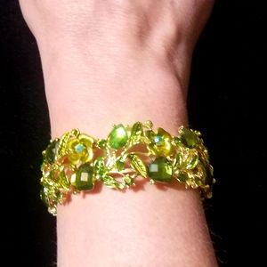 Green and Gold Crystal Floral and Leaf Cuff